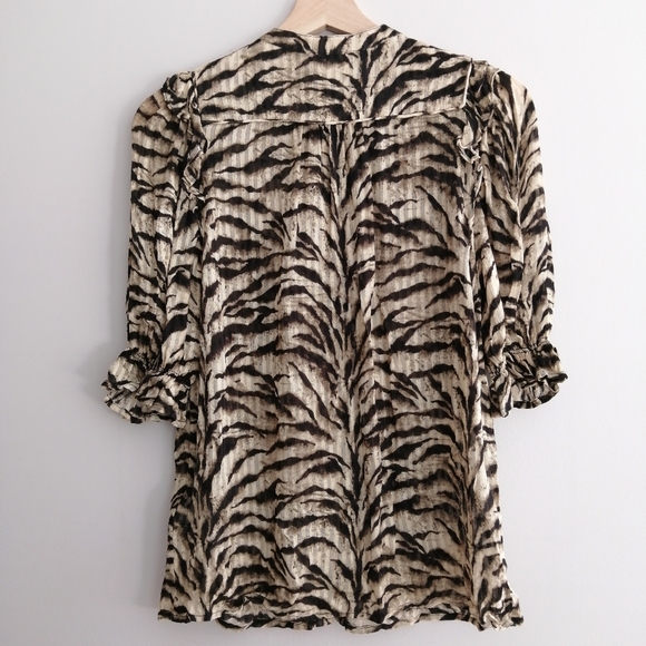 Ba&sh Tiger Print Ruffle Accent Button Up Blouse with Half Sleeves Ba&Sh 0 XS - Picture 4 of 17